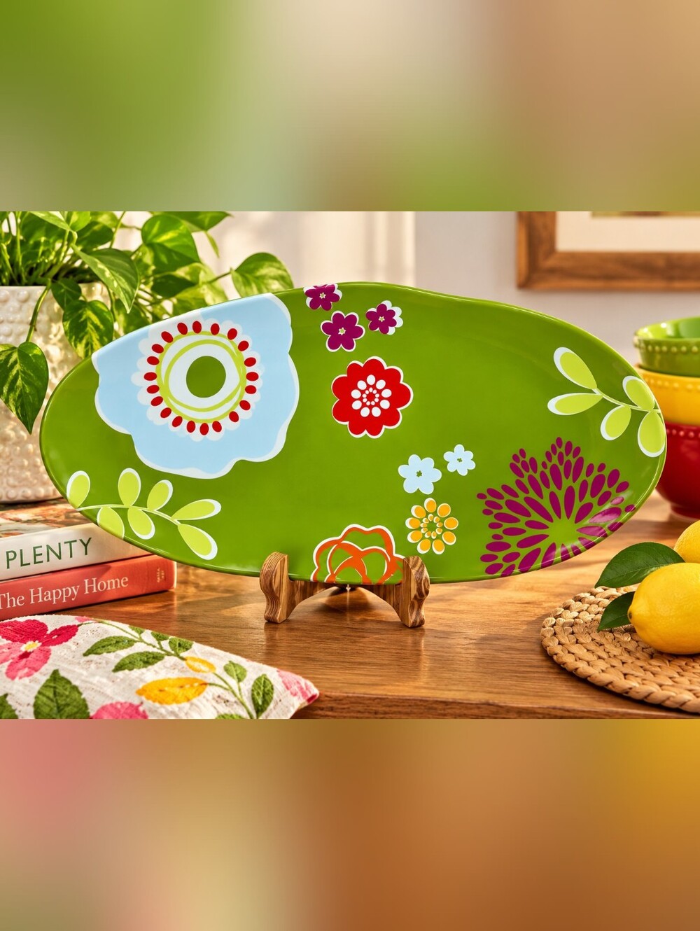 Tag Retro Floral Green Oval Platter, Mod Boho Kitchen Decor